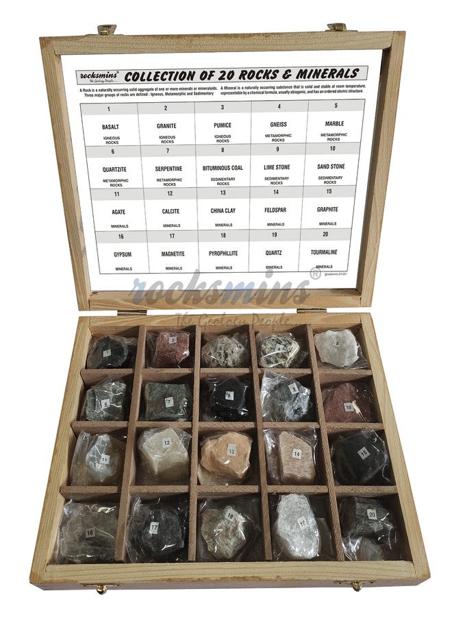 Rocksmins RM20WB-SC Collection of 20 Rocks & Minerals in Wooden Box with 20 Big Specimen Set of Rock Igneous Sedimentary Metamorphic Rock Mineral Collection Geology Kits ideal for Study of Earth Stone - Image 1